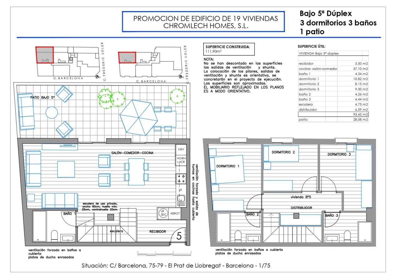 Planta baixa tipus dúplex amb pati   94+28 3 3